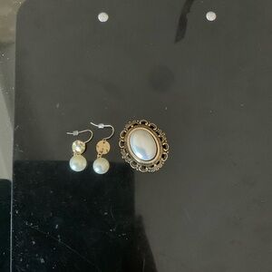 Elegant Vintage Gold and Silver Pearl Earrings and Brooche
